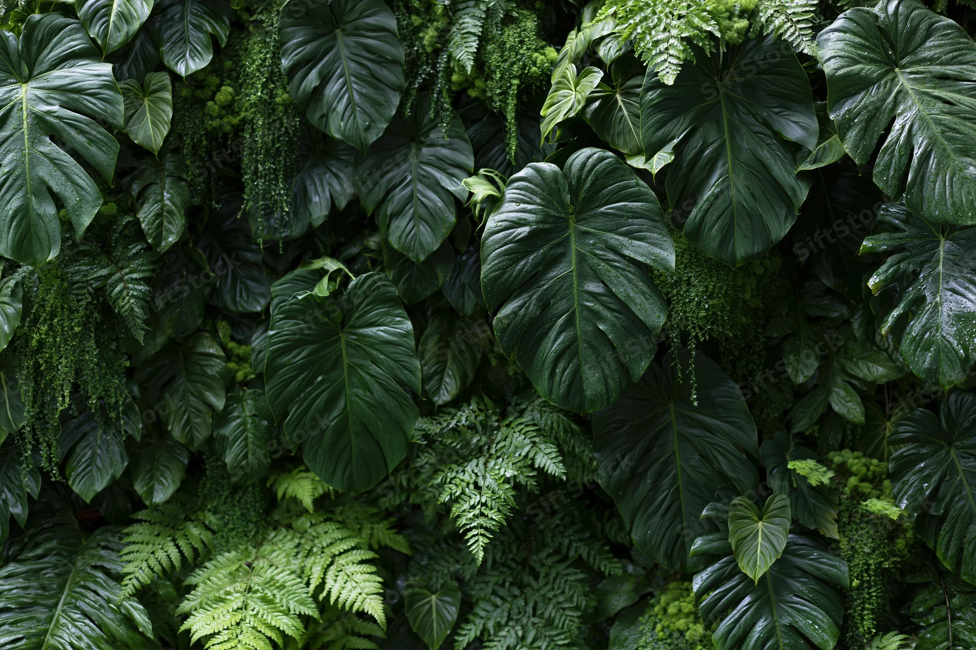 Dense tropical foliage wall with monstera and ferns covering the entire frame