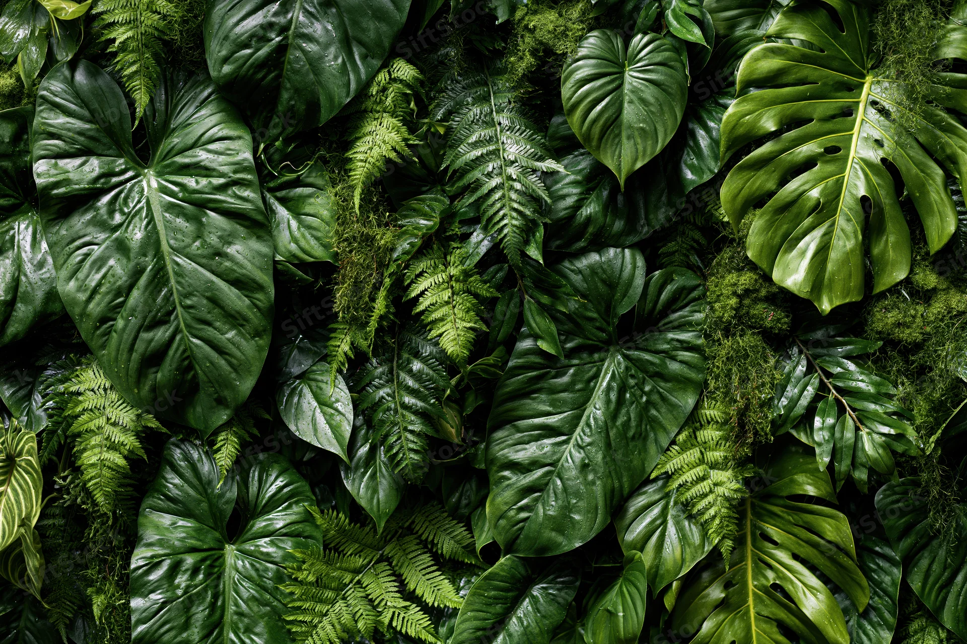 Dense tropical foliage wall covering interior space with monstera, philodendron, ferns and moss