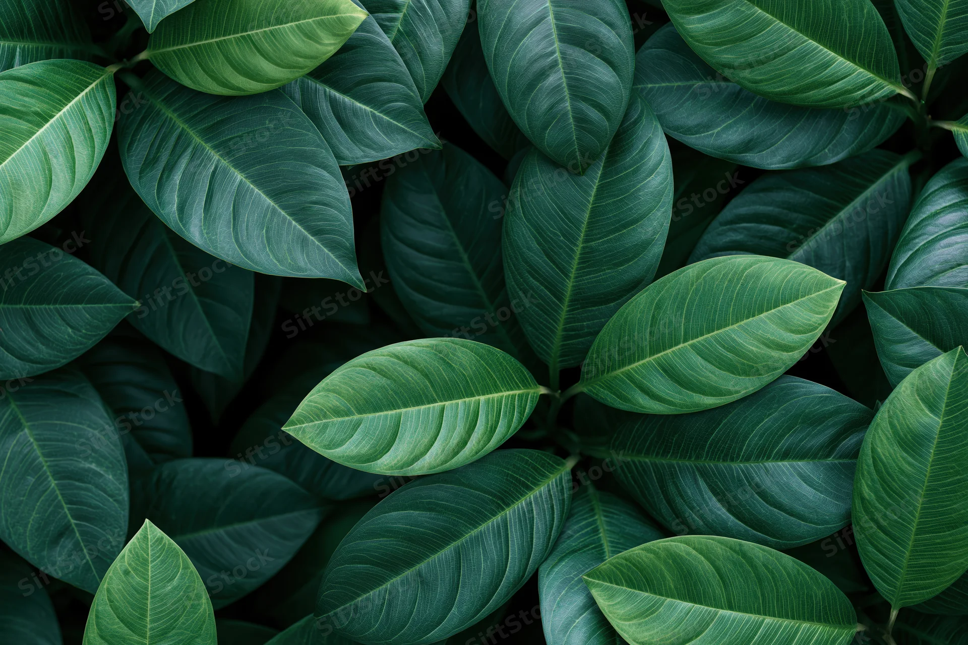 Dense tropical leaves filling the frame in a close-up overhead view