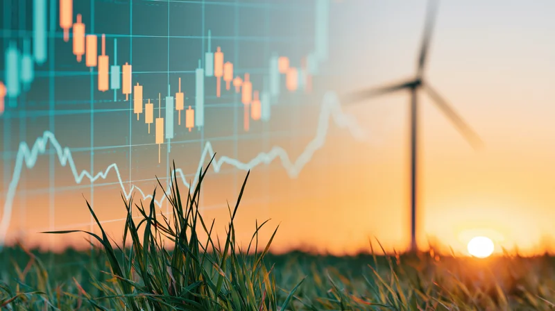Wind turbine in a grassy field at sunset overlaid with a financial stock chart showing upward trend