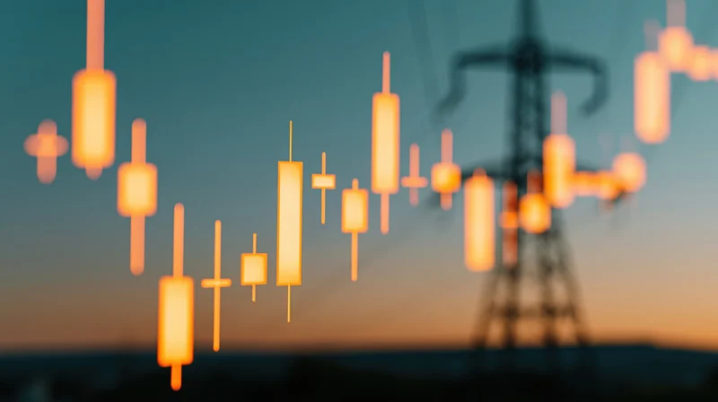 Glowing candlestick chart overlaid on a power transmission tower at dusk