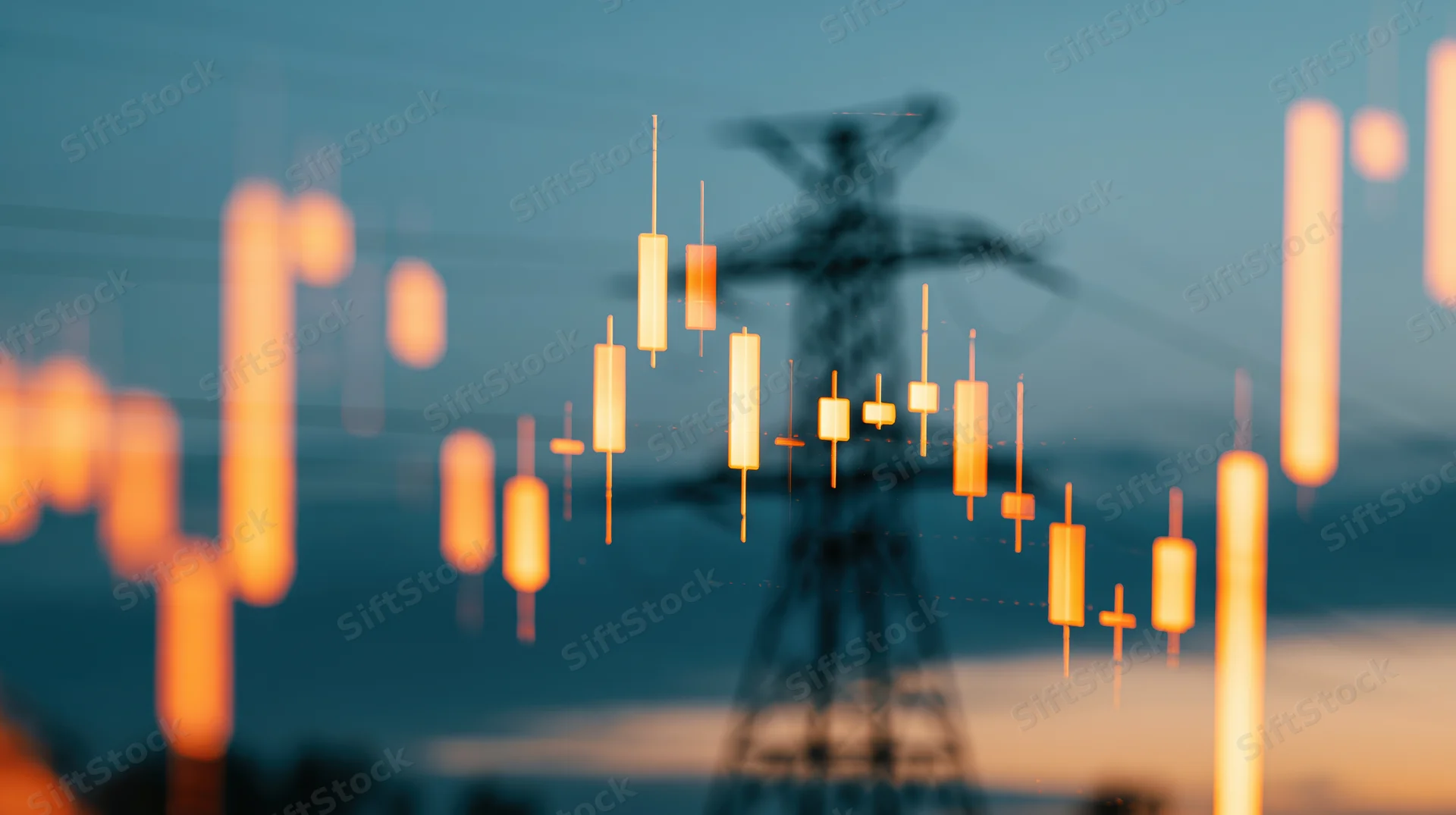 Glowing candlestick chart overlaid on power transmission tower at dusk