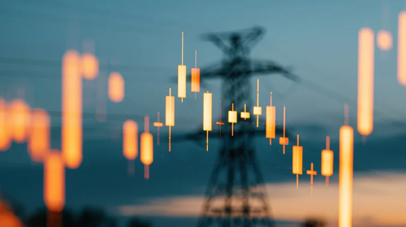 Glowing candlestick chart overlaid on power transmission tower at dusk