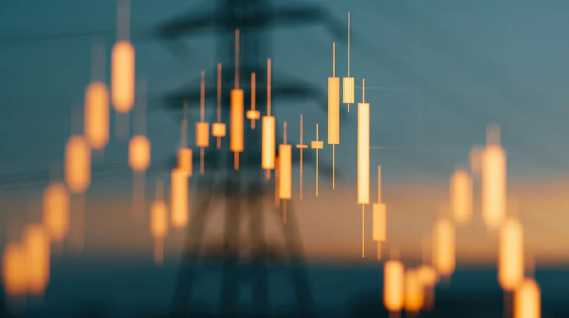 Glowing candlestick chart overlaid on a blurred power transmission tower at sunset
