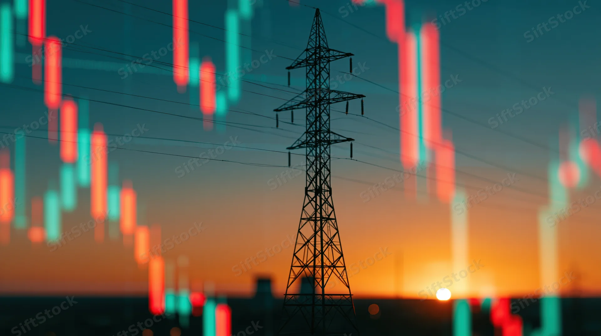 Electricity transmission tower silhouetted against sunset sky with overlaid financial candlestick chart