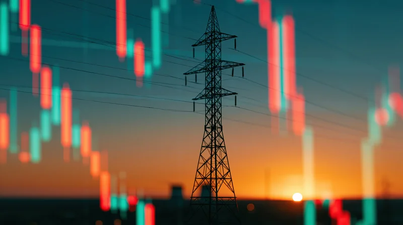 Electricity transmission tower silhouetted against sunset sky with overlaid financial candlestick chart