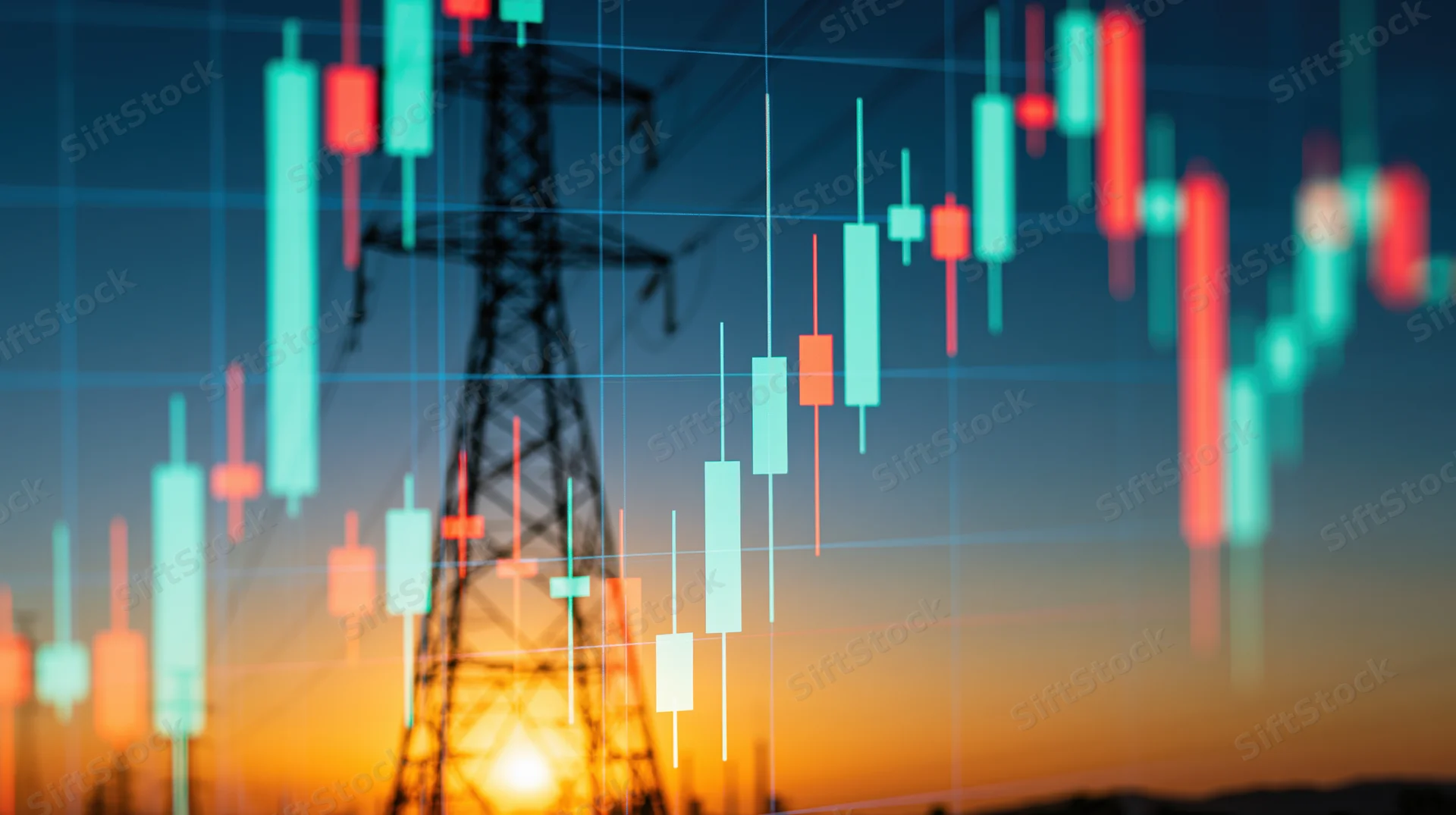 Electricity transmission tower silhouette overlaid with digital stock market candlestick chart at sunset