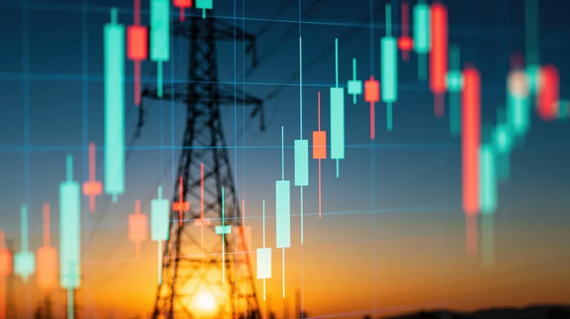 Electricity transmission tower silhouette overlaid with digital stock market candlestick chart at sunset