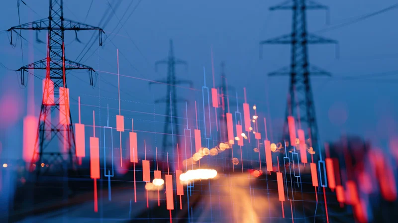 Double exposure of stock market candlestick chart overlaid on power transmission towers at night