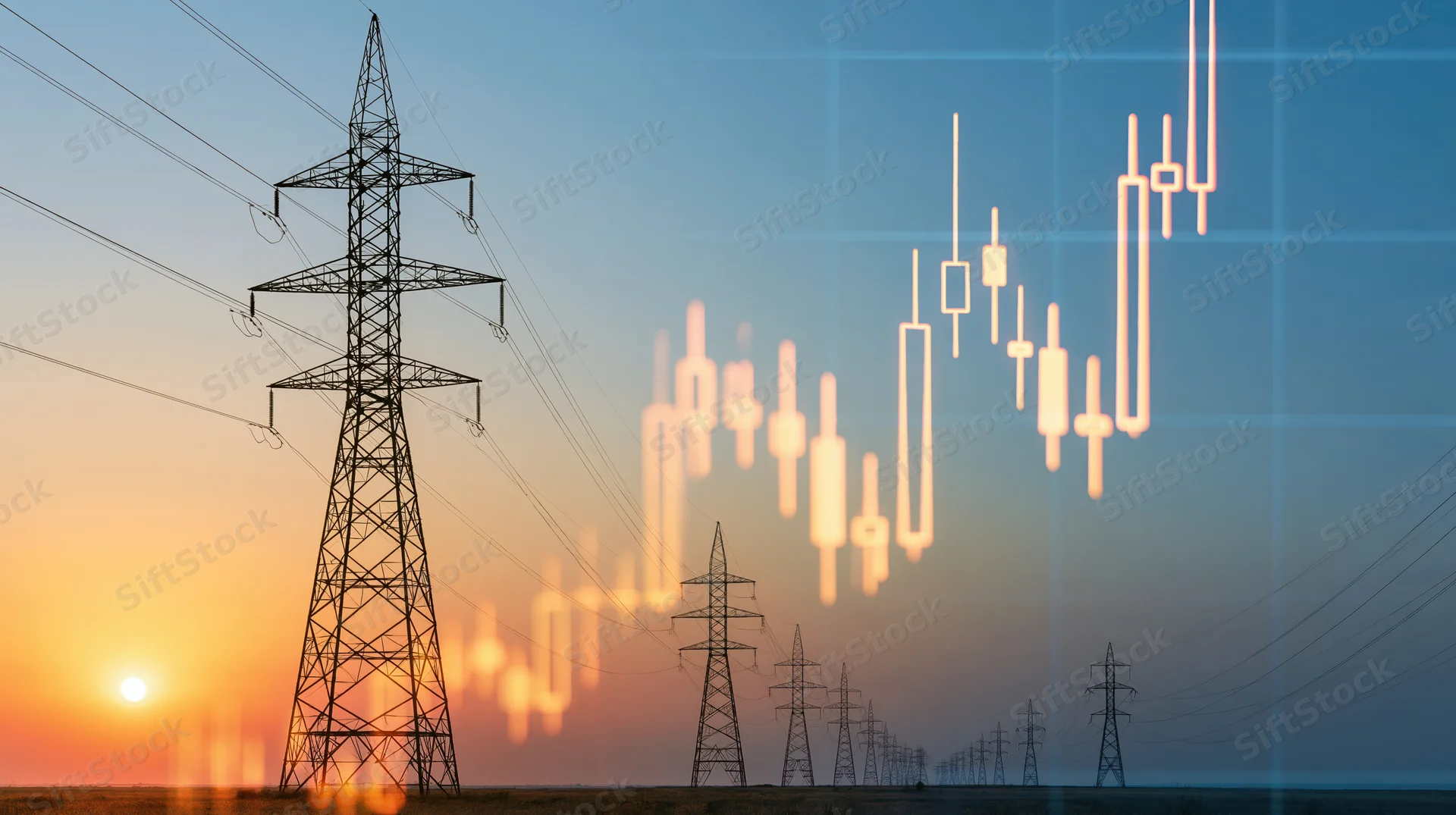 High-voltage transmission towers at sunset with overlaid financial candlestick chart