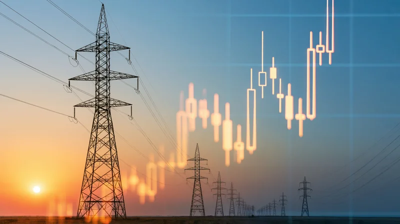 High-voltage transmission towers at sunset with overlaid financial candlestick chart