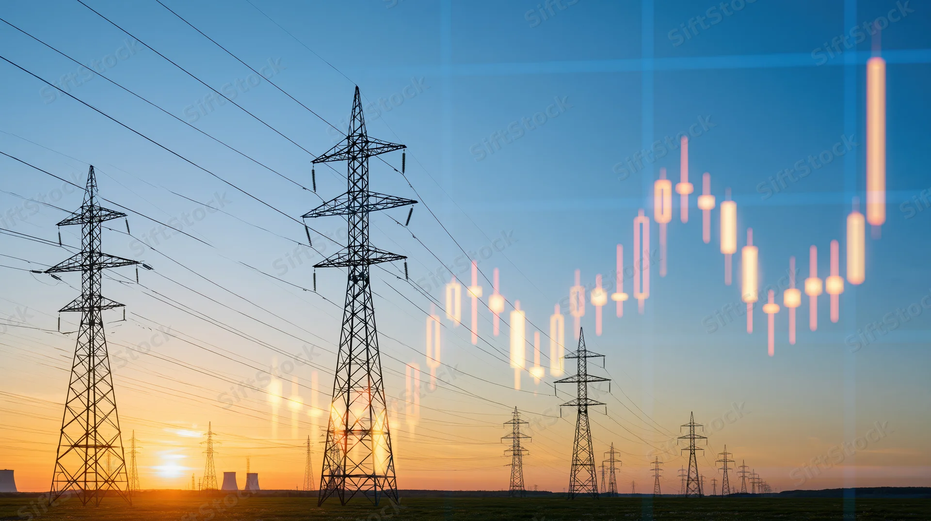High-voltage transmission towers at sunset with overlaid financial candlestick chart