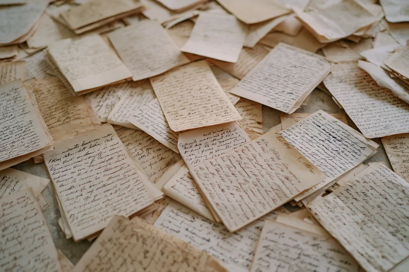 Scattered aged handwritten letters and documents lying in a pile