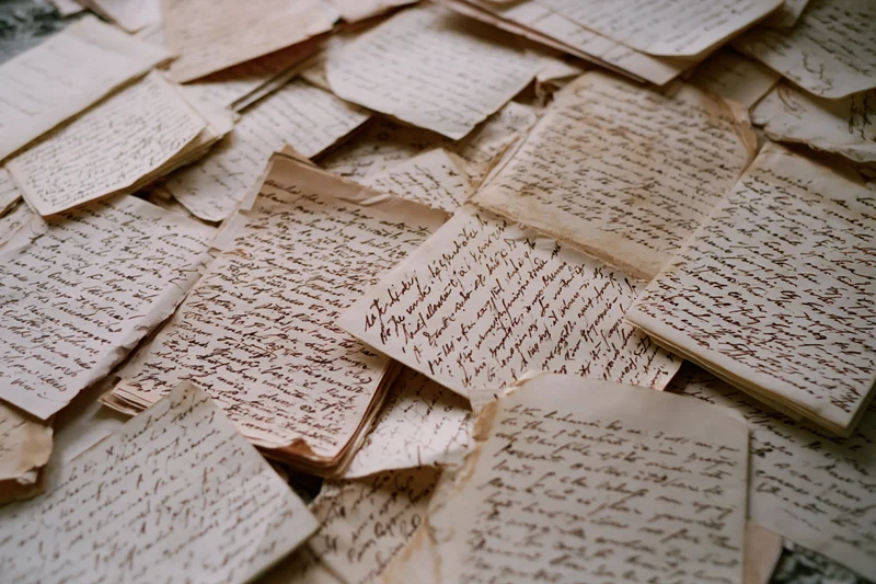 Scattered aged handwritten letters and documents on a surface