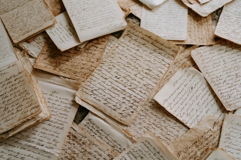 Scattered aged handwritten letters and documents on a surface