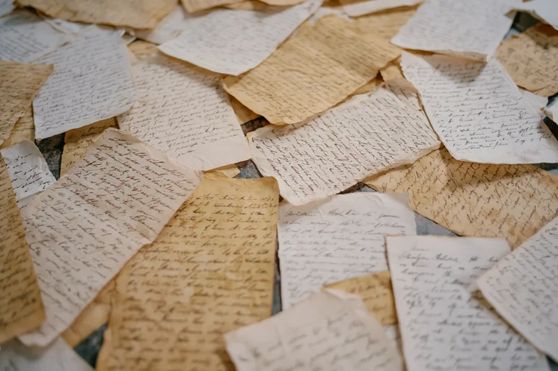 Scattered aged handwritten letters and documents on a gray surface