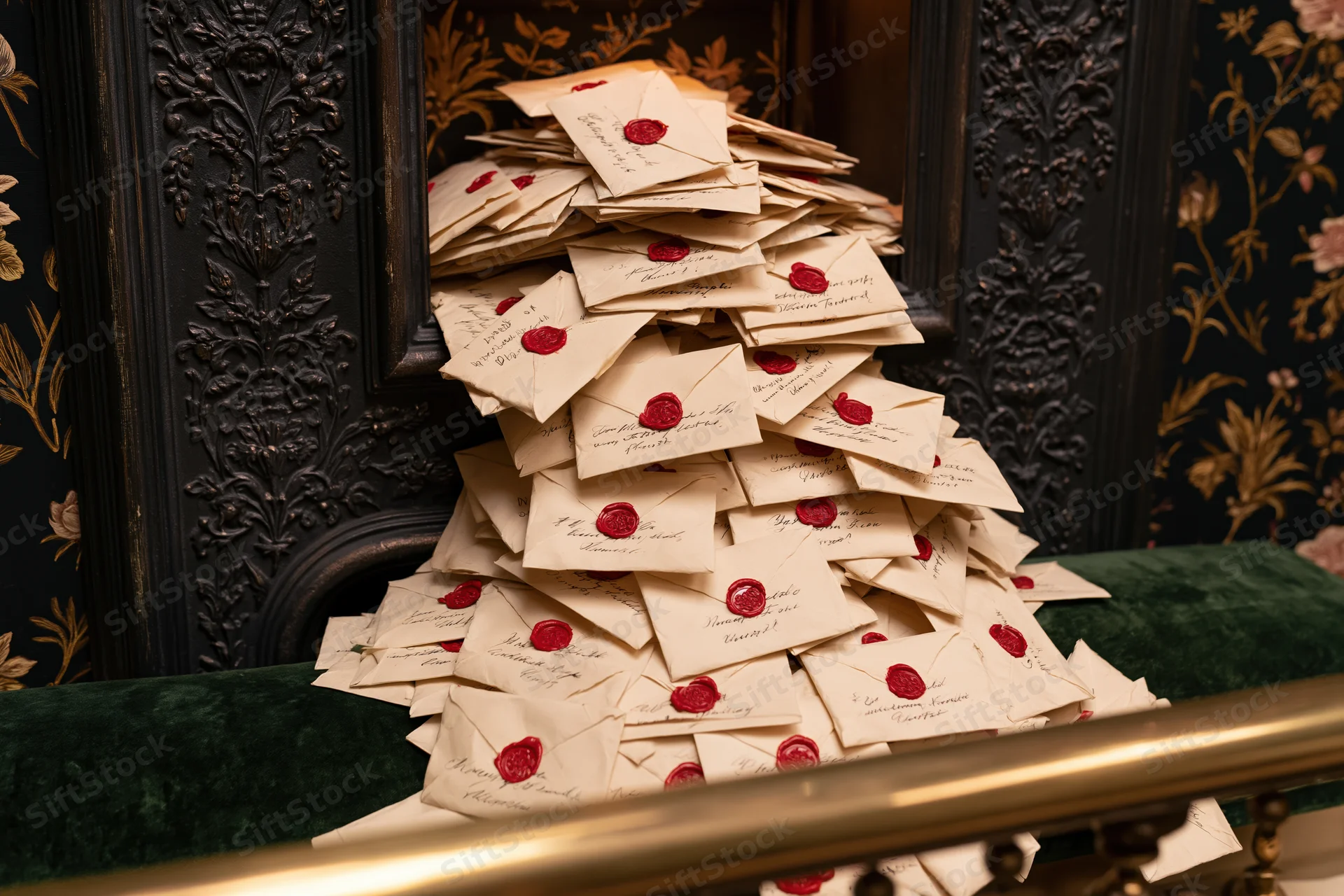 Stack of aged parchment letters sealed with red wax on a velvet mantel in front of an ornate fireplace