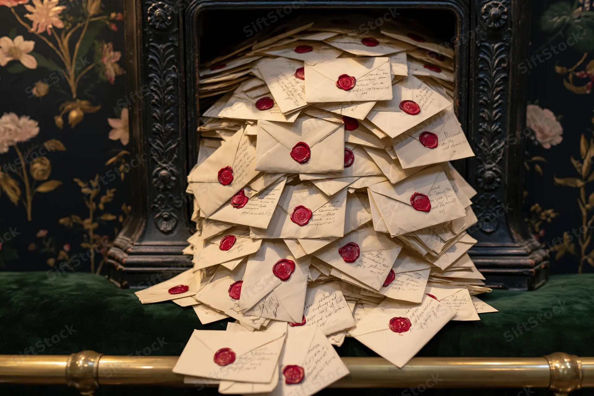 Stack of vintage parchment envelopes sealed with red wax spilling from ornate drawer onto green velvet surface