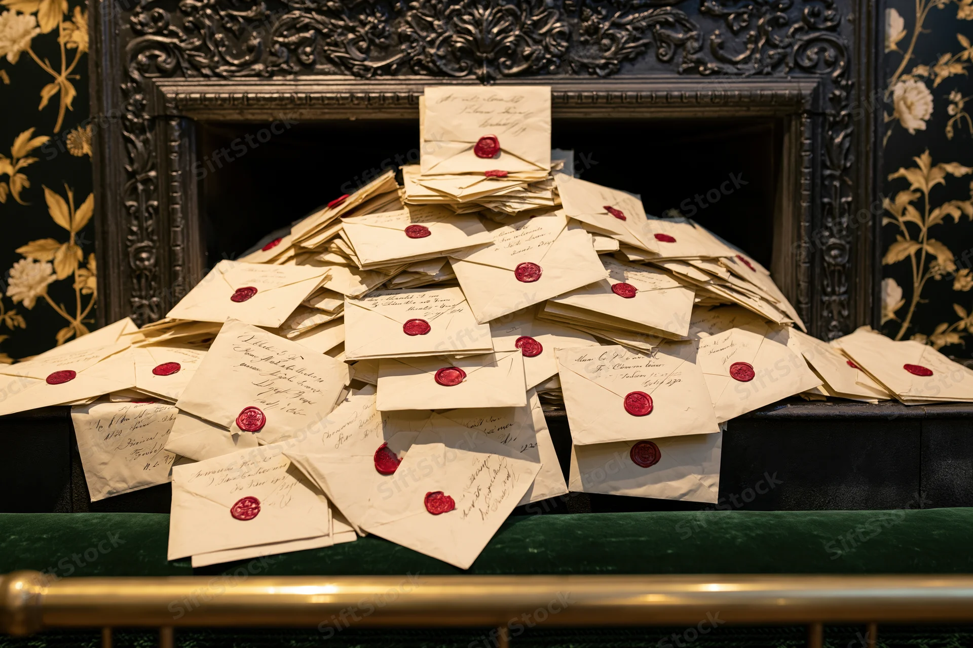 Pile of vintage parchment envelopes sealed with red wax stamps in front of ornate fireplace