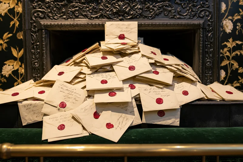 Pile of vintage parchment envelopes sealed with red wax stamps in front of ornate fireplace
