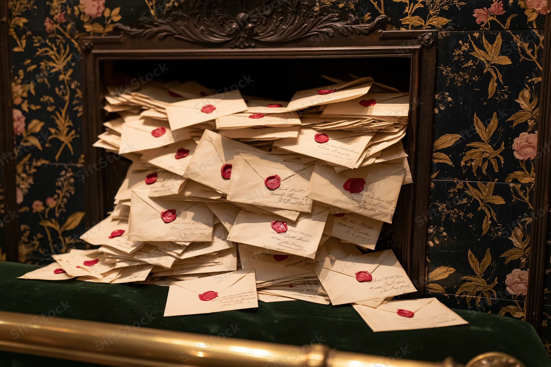 Aged parchment envelopes sealed with red wax piled in an ornate fireplace with floral wallpaper
