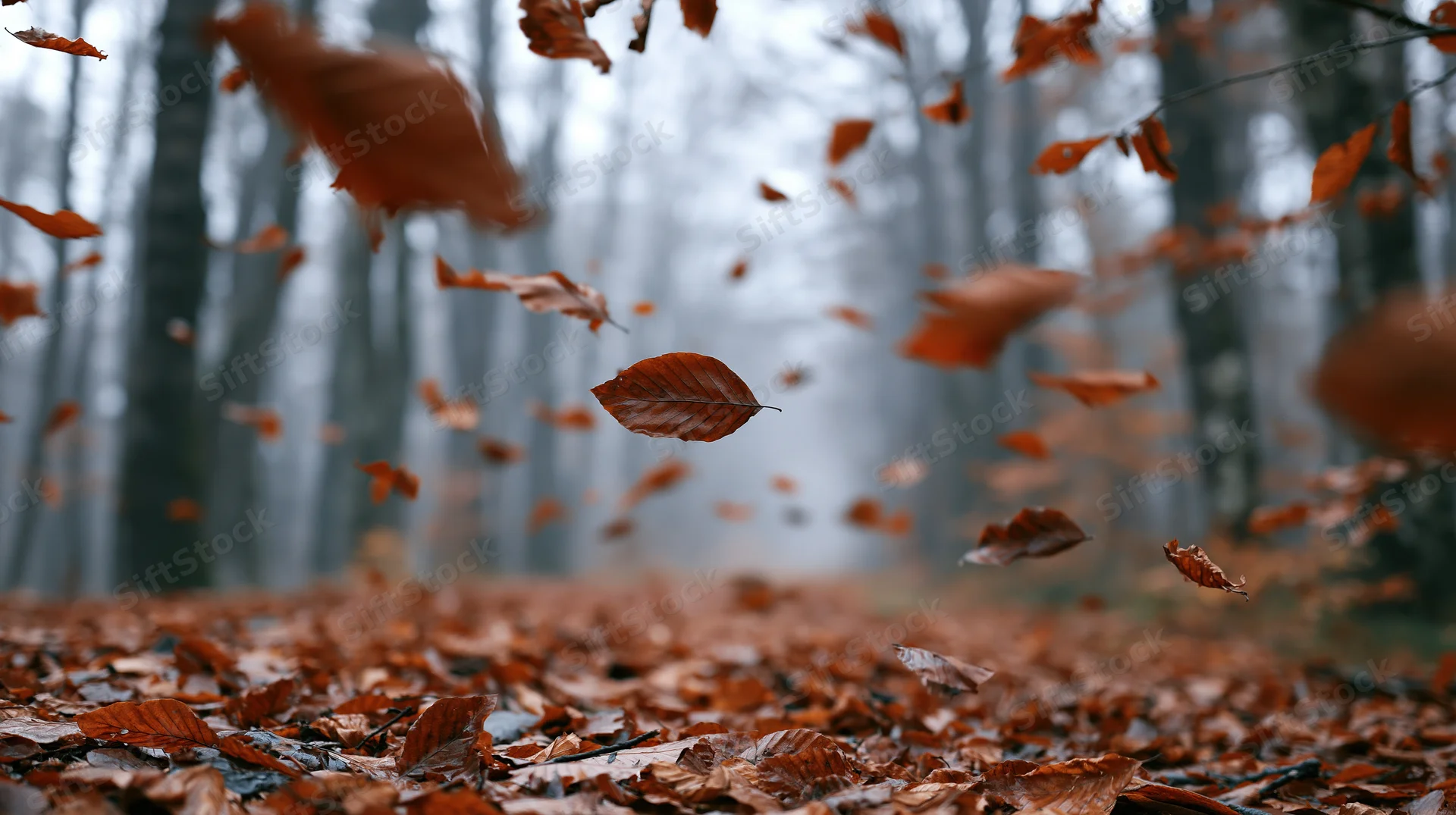 Dry autumn leaves swirling and falling mid-air in a forest with a carpet of fallen foliage on the ground