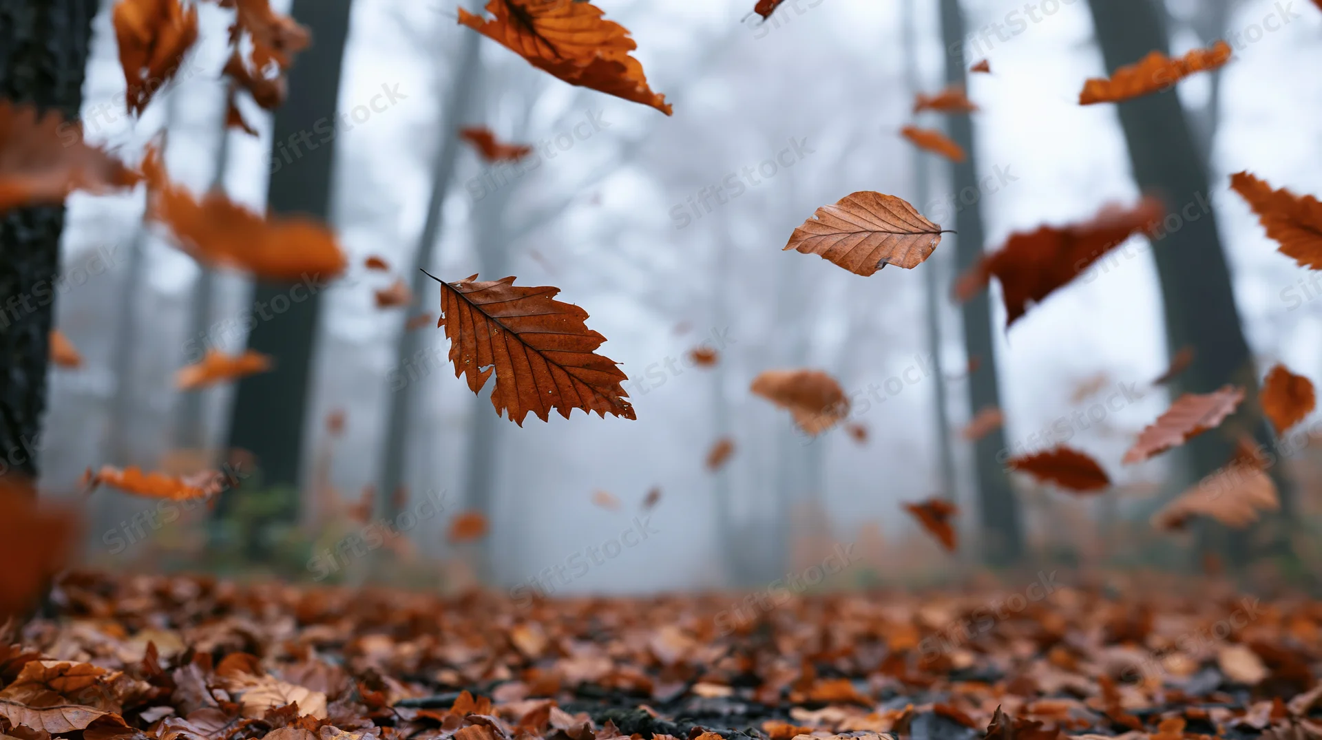 Dry autumn leaves swirling and falling mid-air in a misty forest with a carpet of fallen foliage on the ground