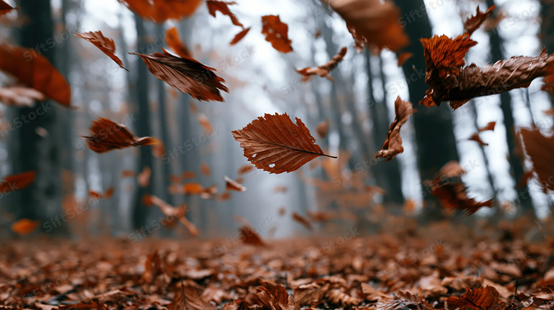 Dry autumn leaves swirling and falling mid-air in a forest with a carpet of fallen leaves on the ground