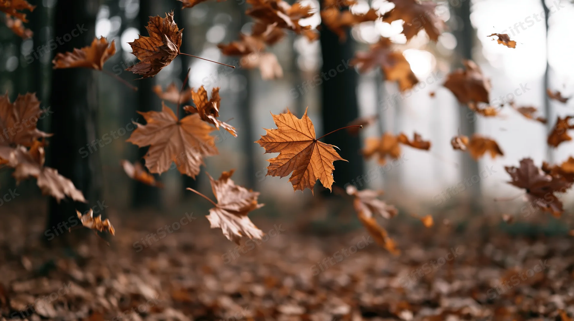Dry maple leaves falling midair in a forest clearing