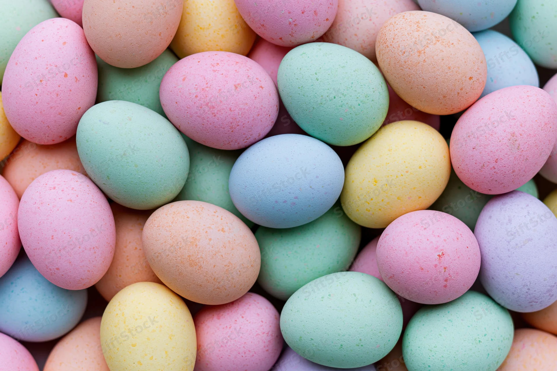 Pastel-colored dyed easter eggs piled closely together filling the frame