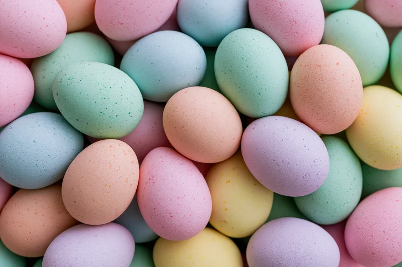 Pastel dyed easter eggs densely packed filling the frame in overhead view
