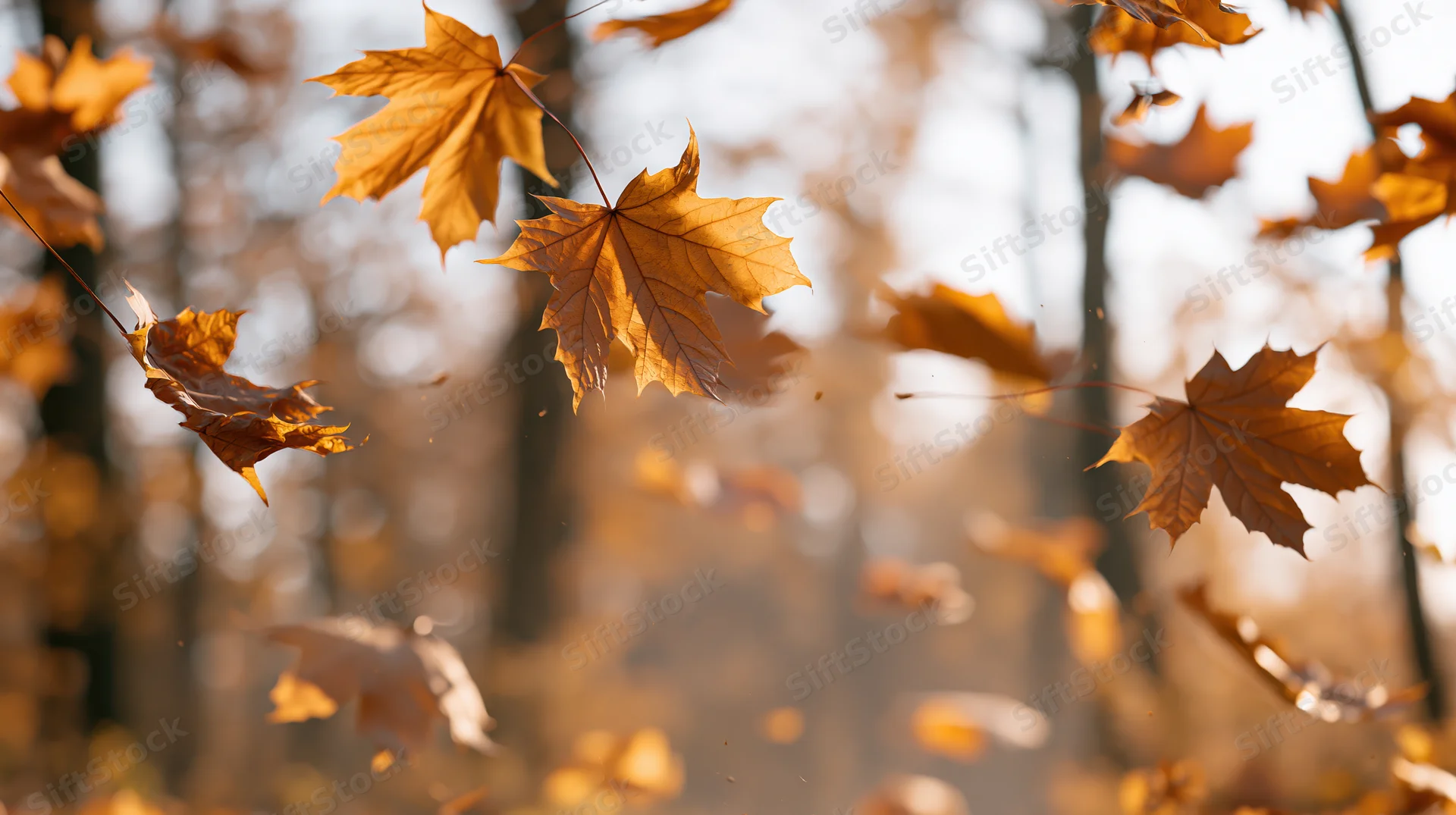 Golden maple leaves swirling mid-air in a sunlit autumn forest
