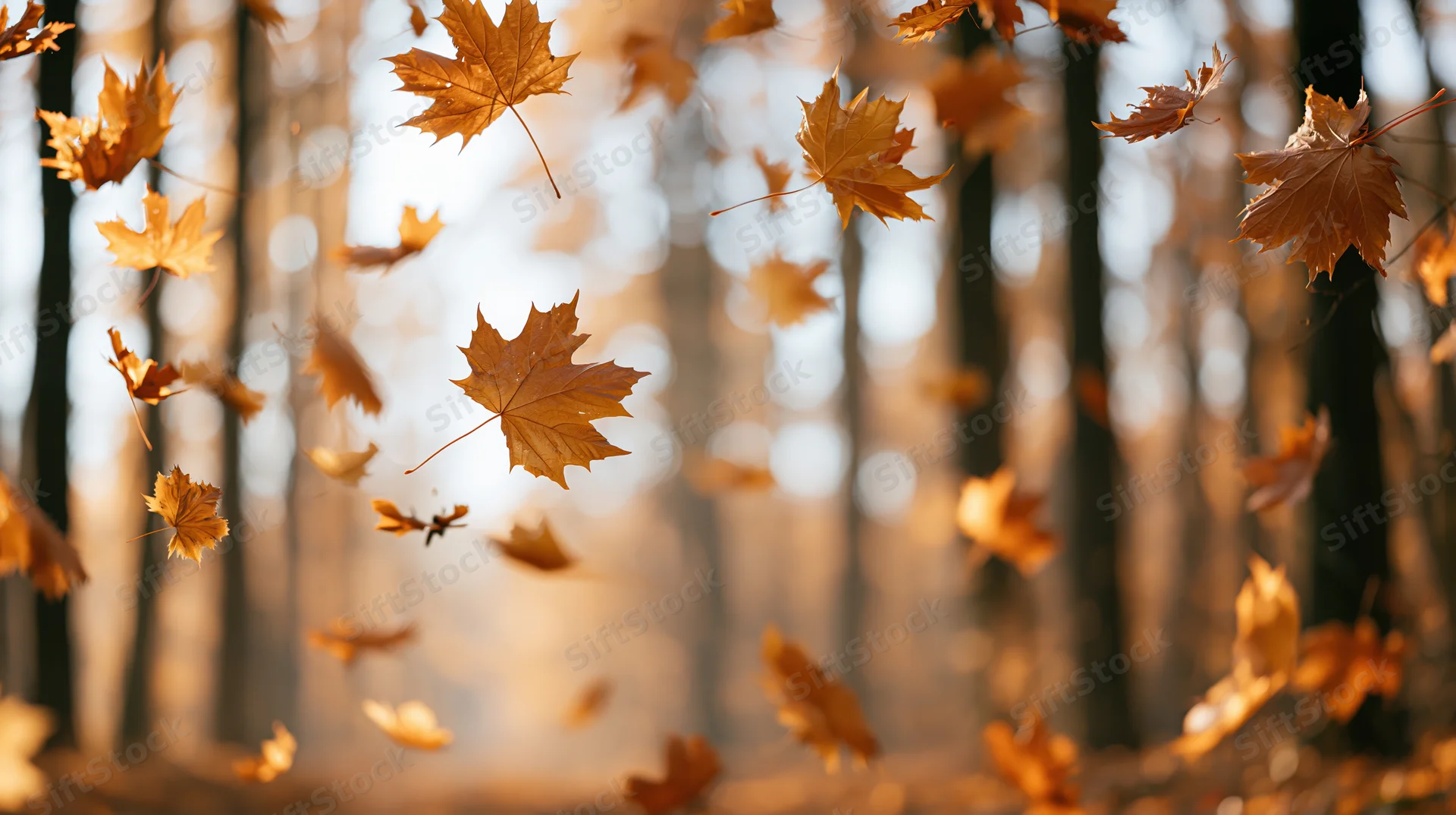 Golden maple leaves swirling in mid-air over a forest backdrop