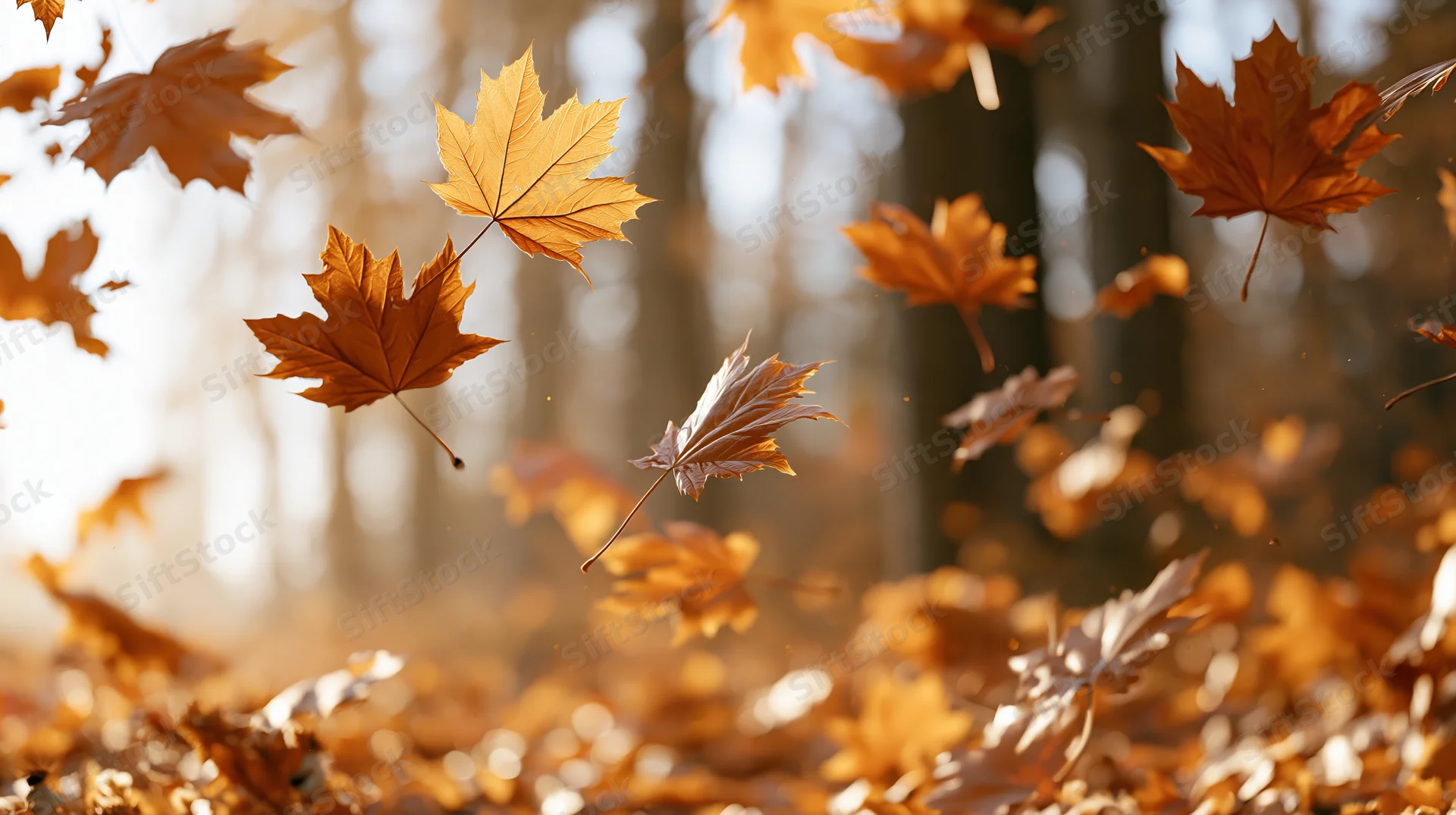 Golden maple leaves falling and swirling in a sunlit forest during autumn