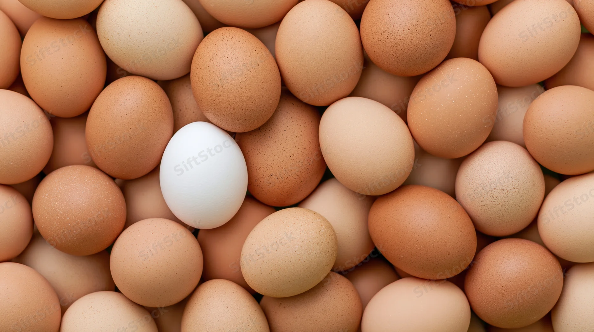 Dozens of brown chicken eggs tightly packed with one white egg standing out in the center