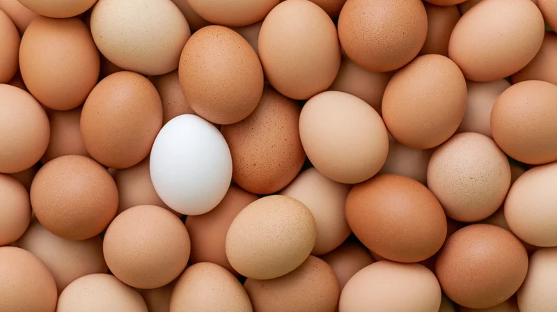 Dozens of brown chicken eggs tightly packed with one white egg standing out in the center