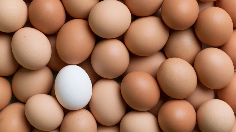 White egg among brown eggs in a tight arrangement viewed from above