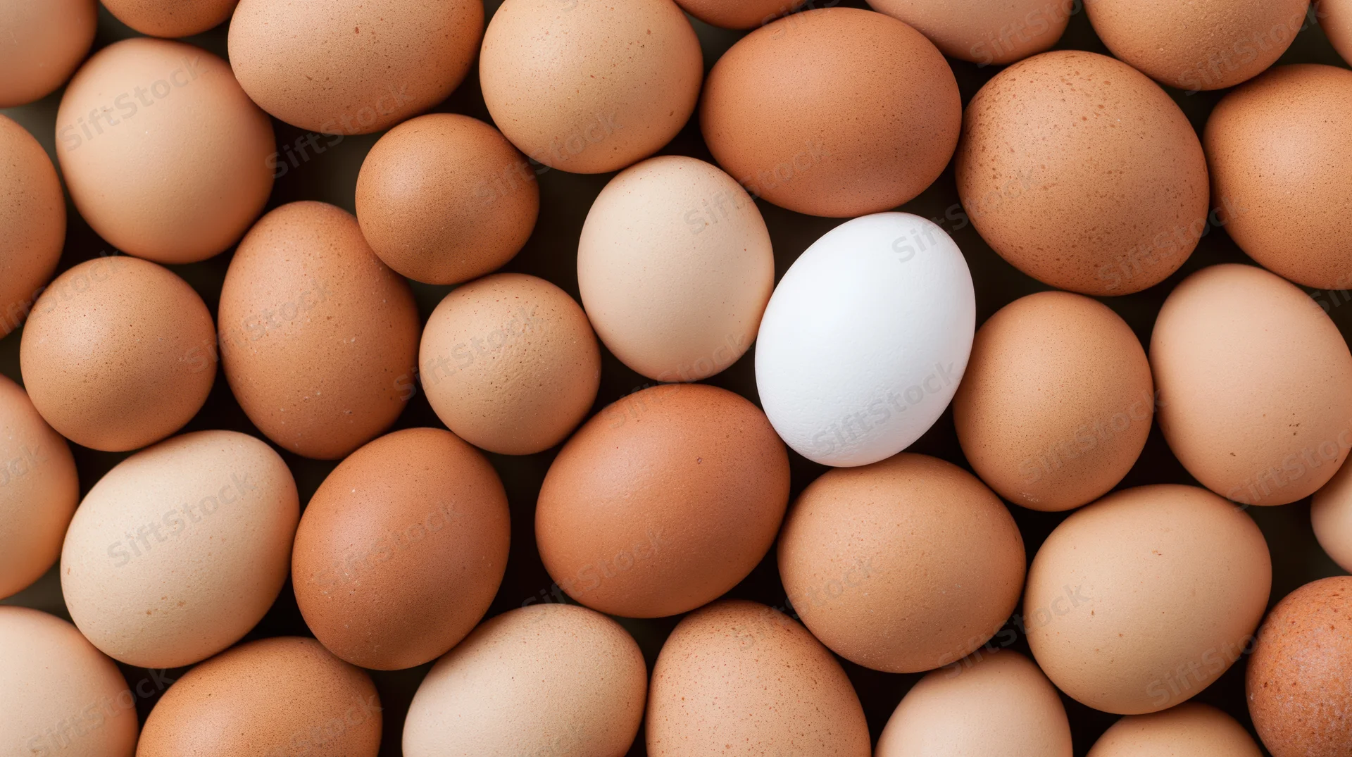 Closeup of brown chicken eggs densely packed with one white egg in the center