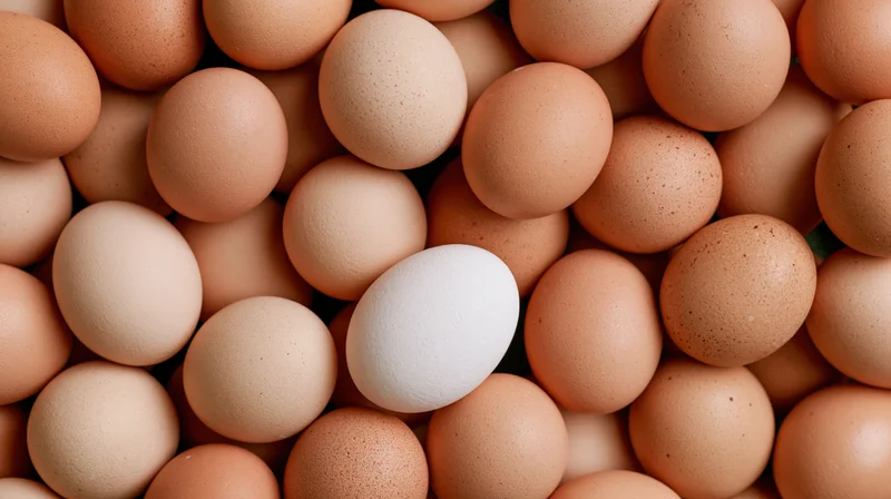 Closeup of many brown chicken eggs with one white egg in the center, tightly packed together
