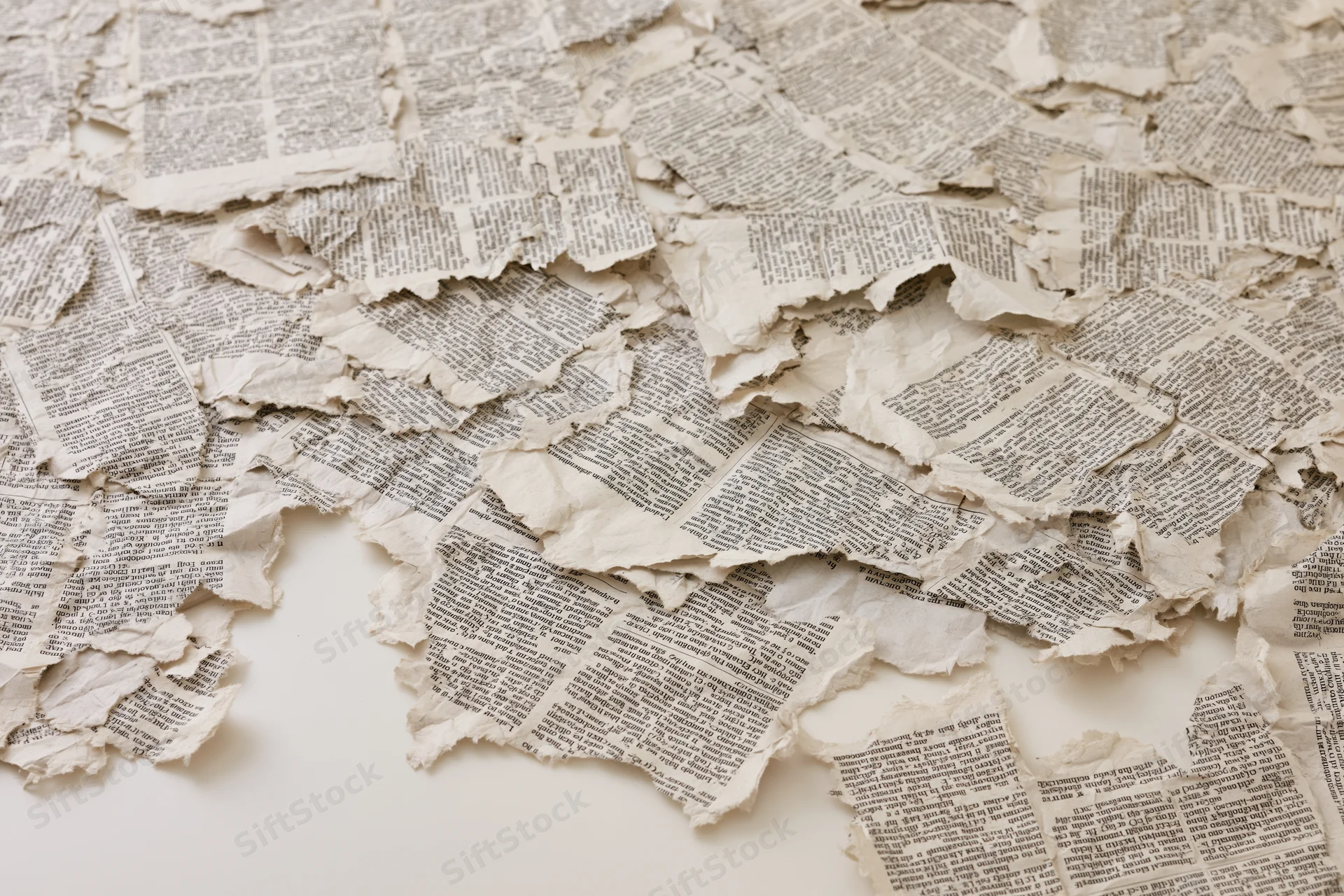 Torn newspaper clippings scattered and overlapping on a white surface