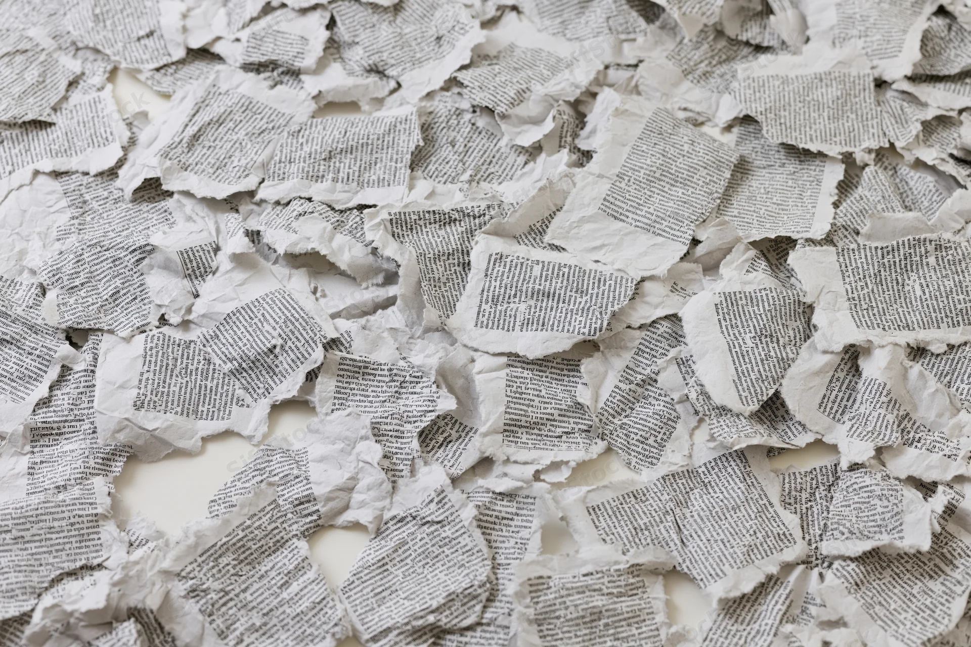 Torn newspaper clippings scattered and overlapping on a white surface