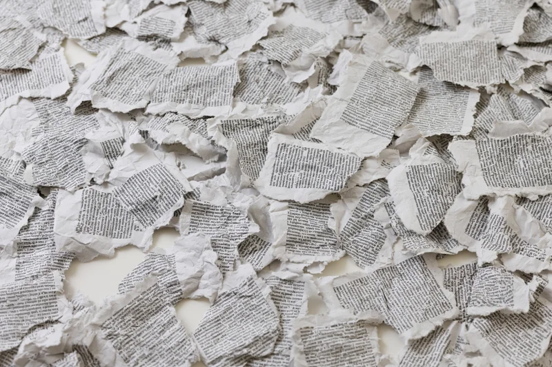 Torn newspaper clippings scattered and overlapping on a white surface