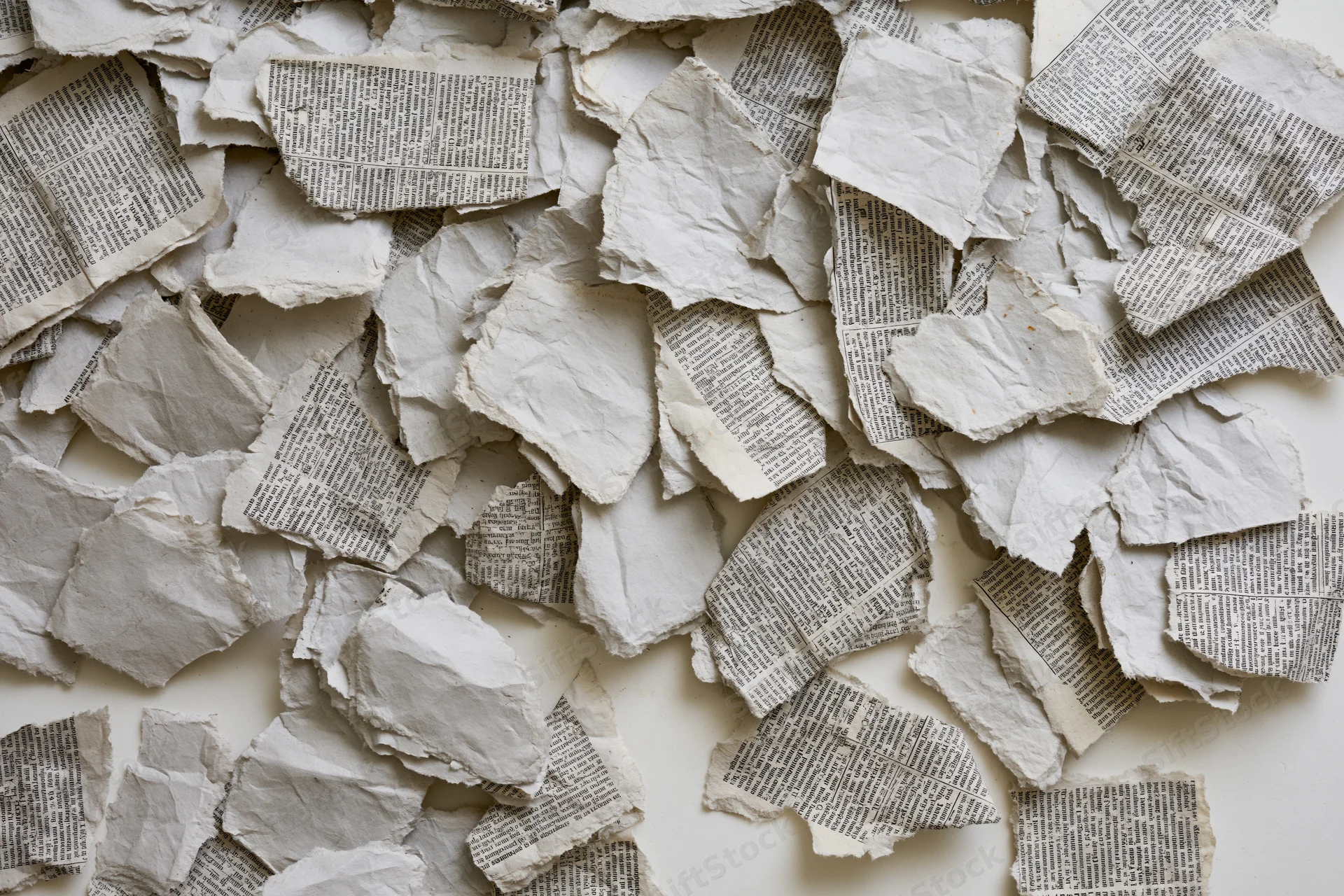 Torn newspaper clippings scattered and overlapping on a flat surface