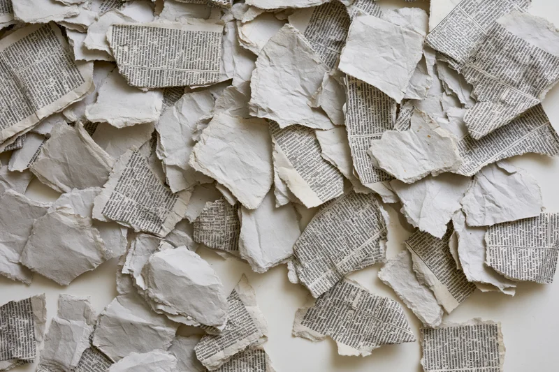 Torn newspaper clippings scattered and overlapping on a flat surface