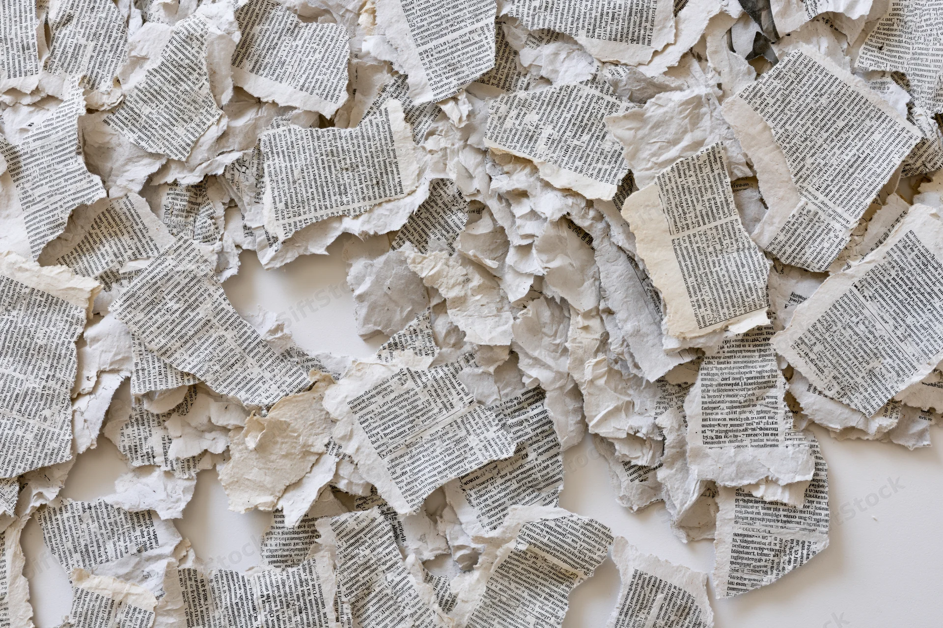 Torn newspaper clippings scattered and overlapping on a white surface