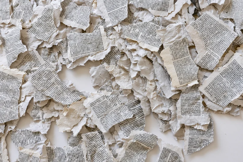 Torn newspaper clippings scattered and overlapping on a white surface