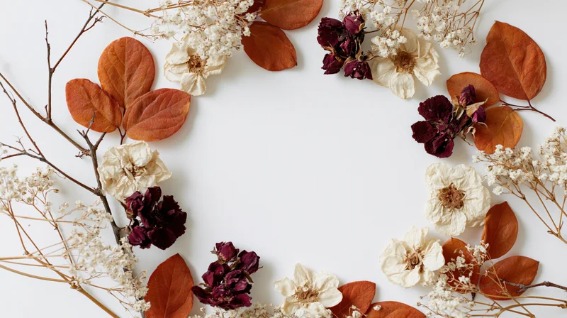 Dried autumn botanicals arranged in a loose wreath on white background with copyspace