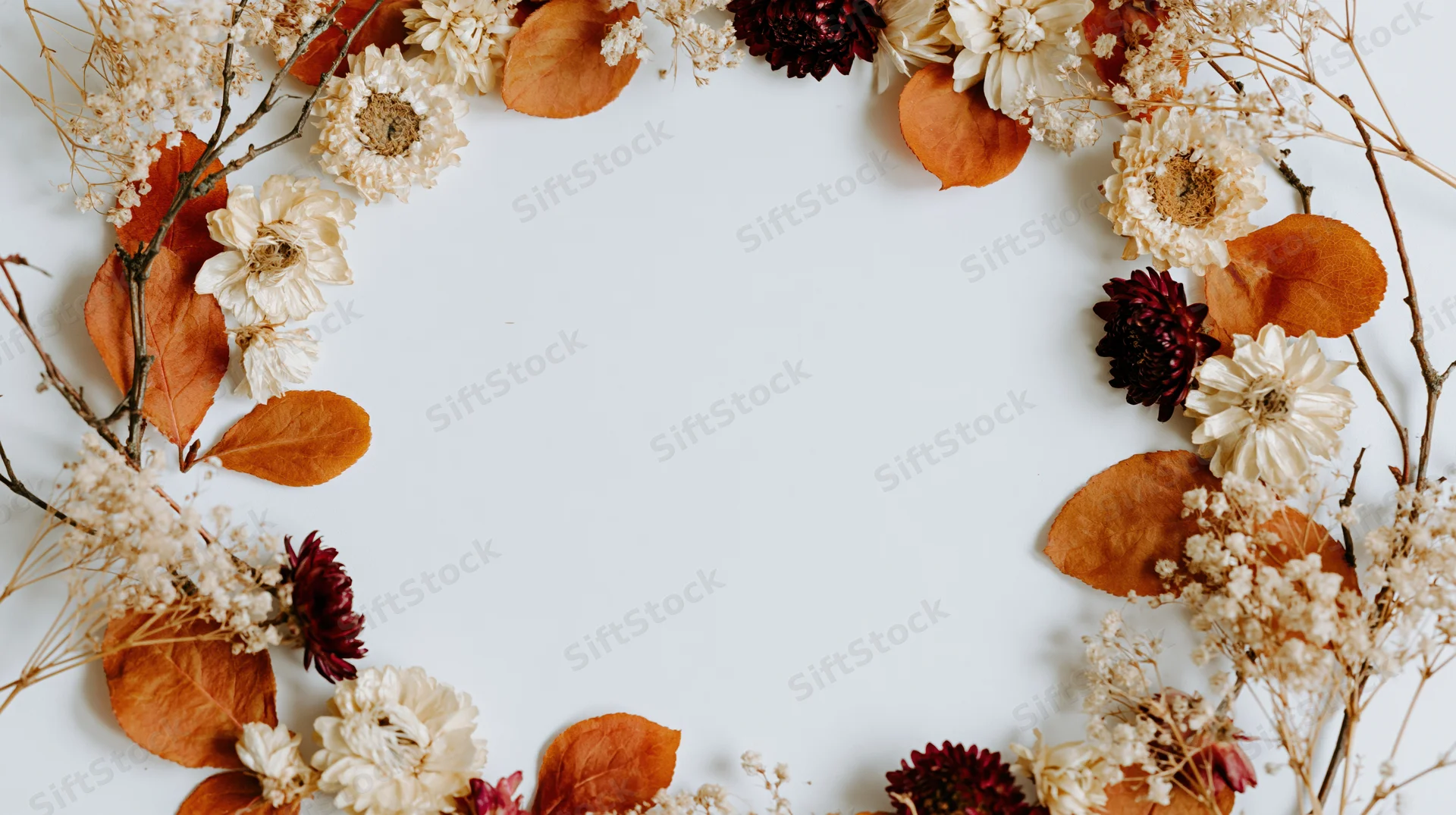 Dried autumn botanicals arranged in a loose wreath on white background with copyspace