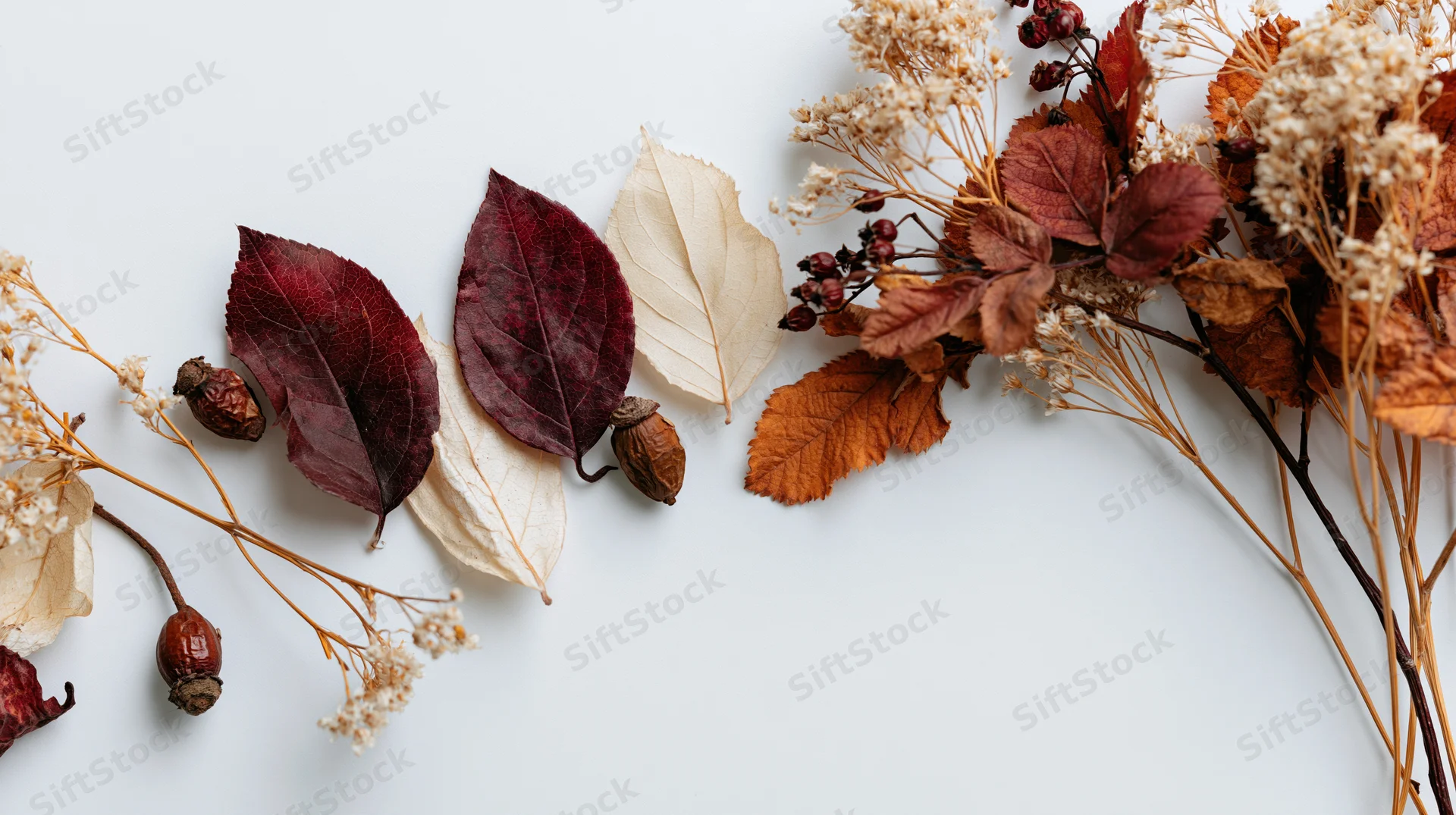 Dried autumn leaves and botanical stems arranged on white surface with copyspace