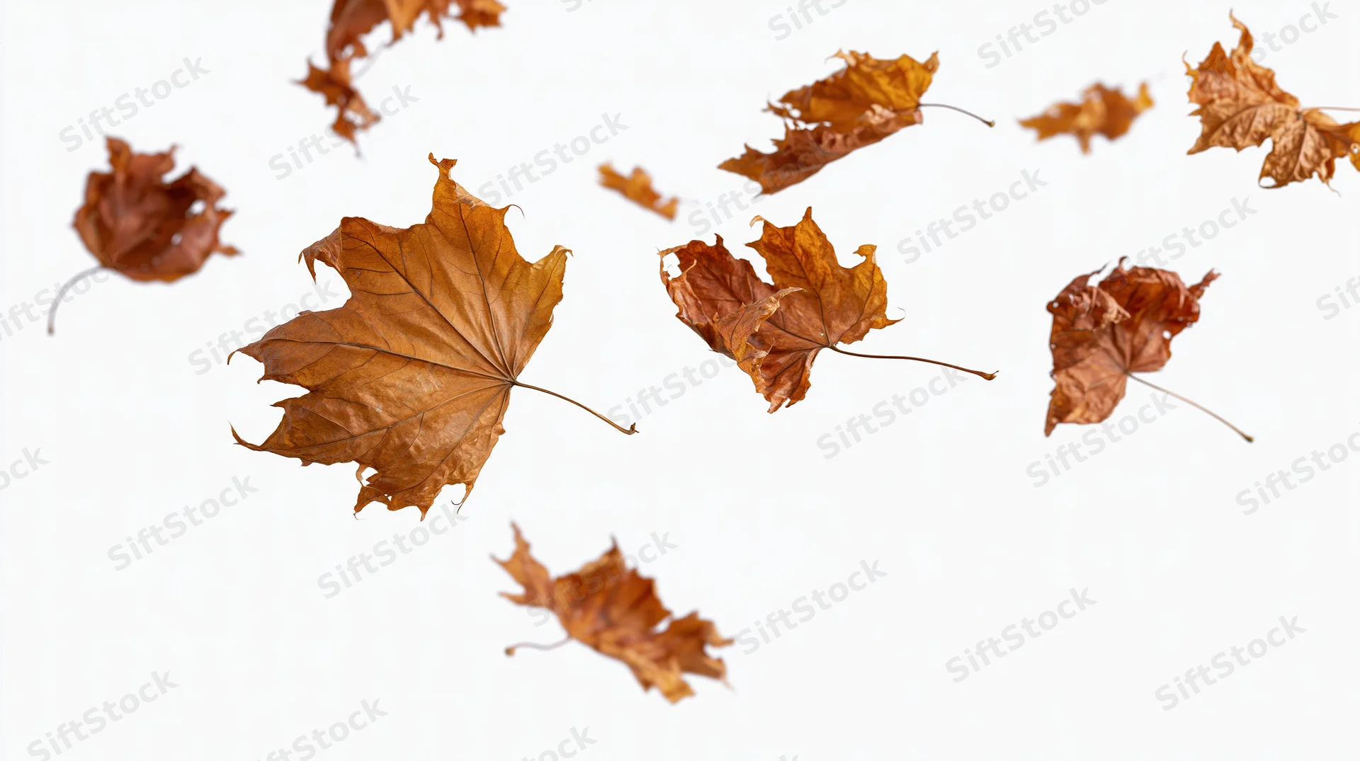 Dried maple leaves swirling in mid-air against a white background